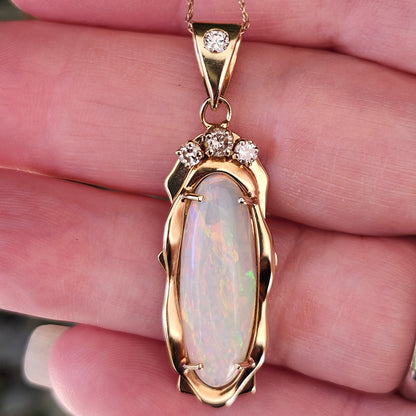 Florence | 6.86ct Coober Pedy Australian Crystal Opal and Diamond Pendant | Estate | 14kt Yellow Gold