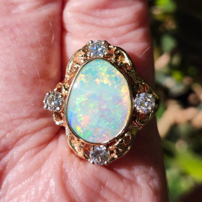 Claire | Coober Pedy Australian Crystal Opal & Diamond Ring | Estate | 14kt Yellow Gold