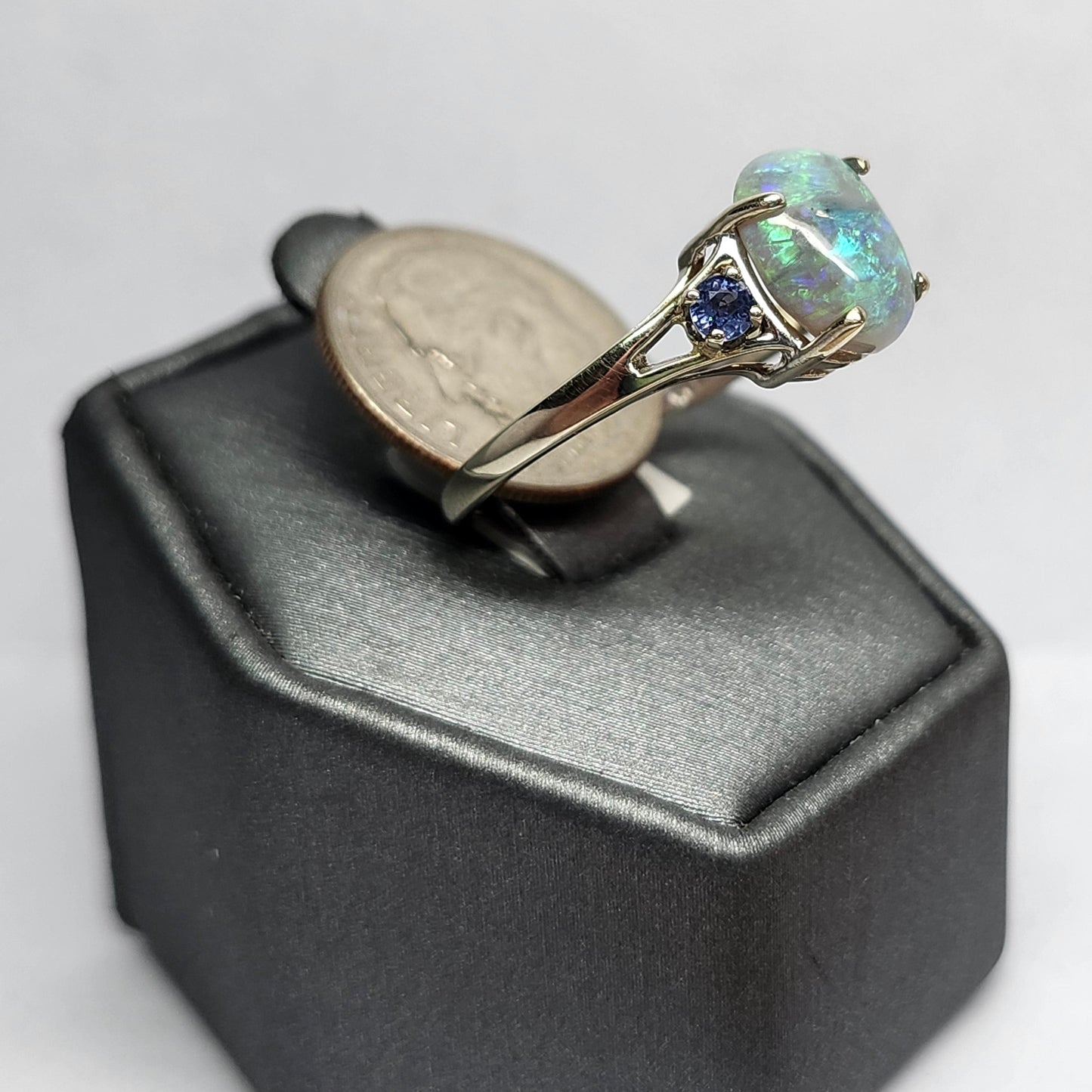 Raven | Lightning Ridge Opal & Purple Sapphire Ring | 14kt White Gold