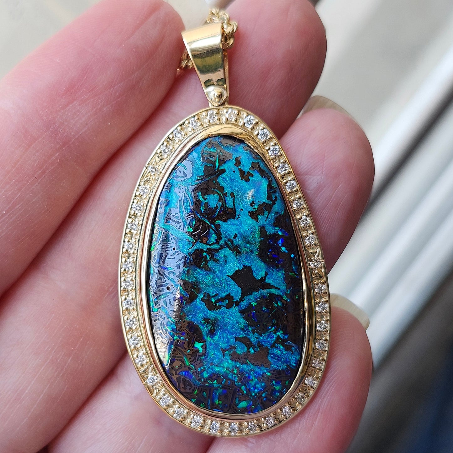 Neptune's Sea | Australian Boulder Opal and Diamond Pendant | 14kt