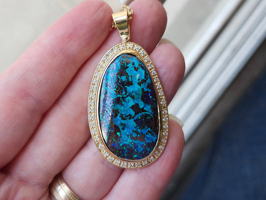Neptune's Sea | Australian Boulder Opal and Diamond Pendant | 14kt