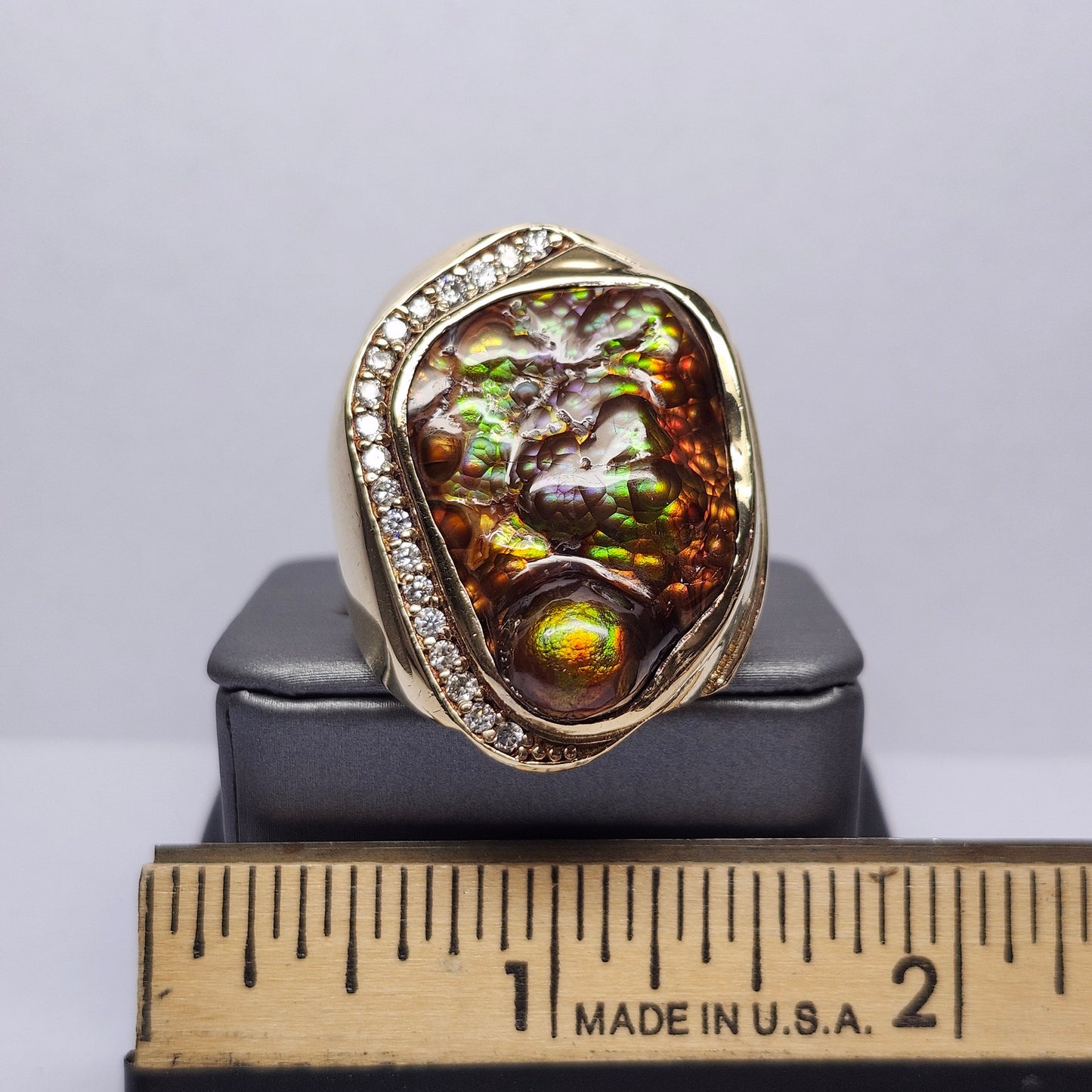 Legacy | 44.30 Gram Custom Fire Agate and Diamond Ring | 14kt Yellow Gold
