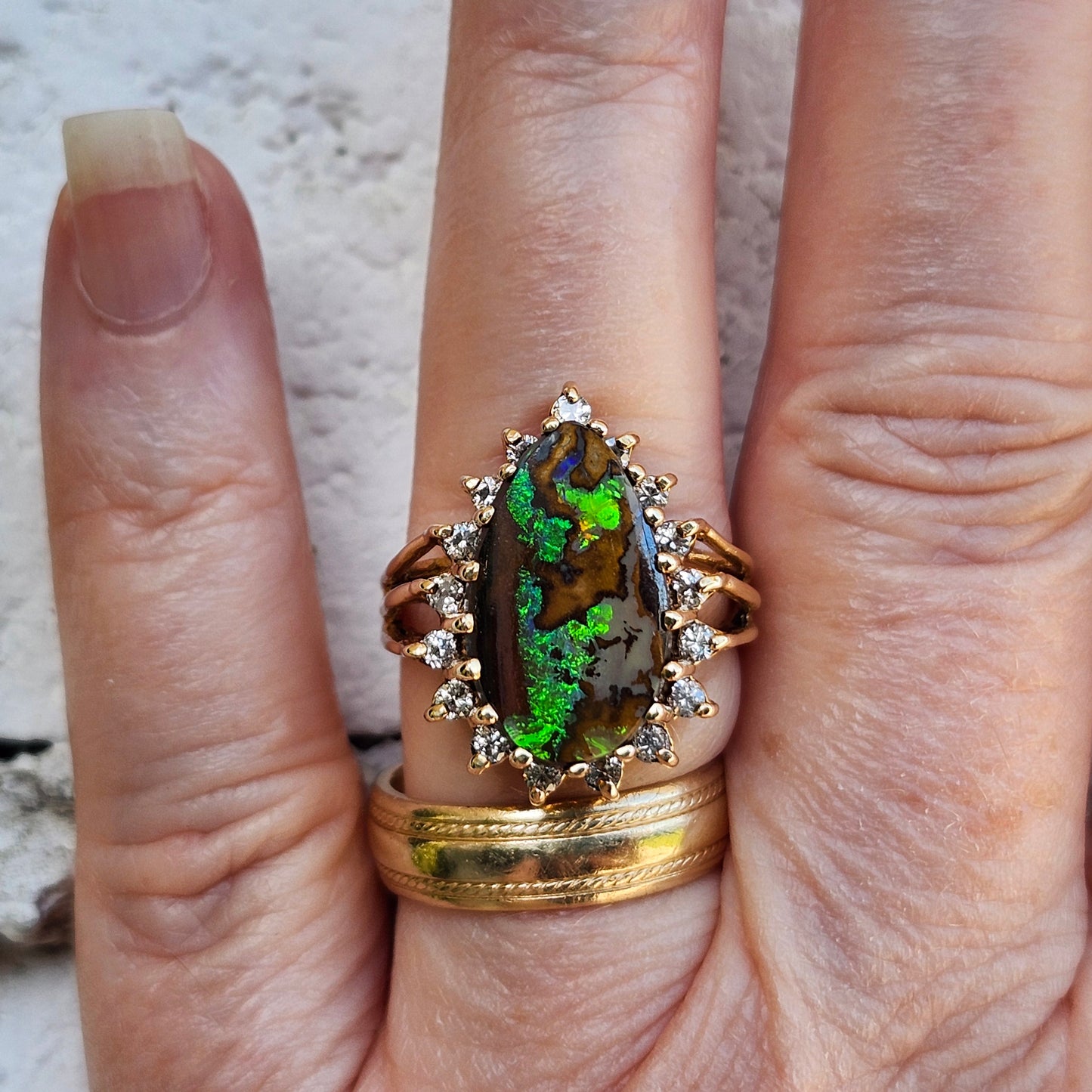 Clora | 10.89ct Koroit Boulder Opal and Diamond Ring | 14kt Yellow Gold