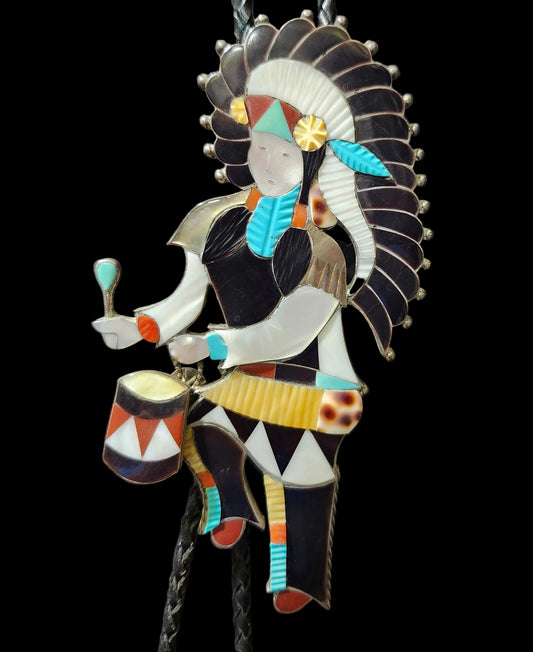 Zuni | Artist Jonathan Beyuka | Warrior Drummer Inlay Bolo Tie | Sterling Silver