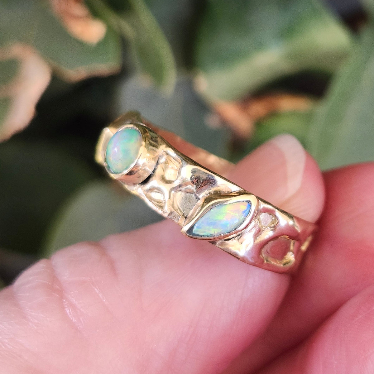 Quint | Australian Black and Semi-Black Opal Multi-Stone Band | Custom | 14kt Yellow Gold