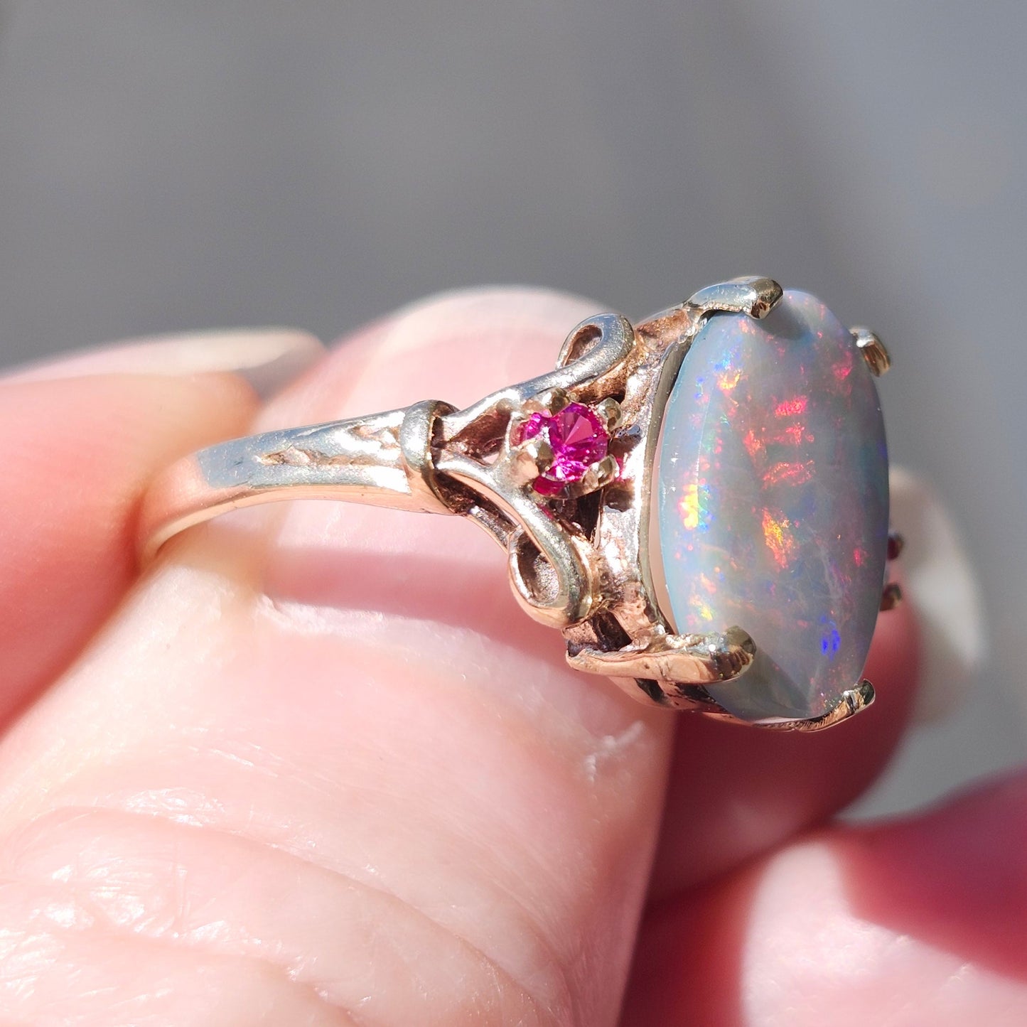 Rosie | Lightning Ridge Semi-Black Australian Opal & Ruby Estate Ring | 10kt Yellow Gold