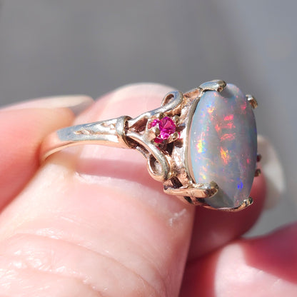 Rosie | Lightning Ridge Semi-Black Australian Opal & Ruby Estate Ring | 10kt Yellow Gold