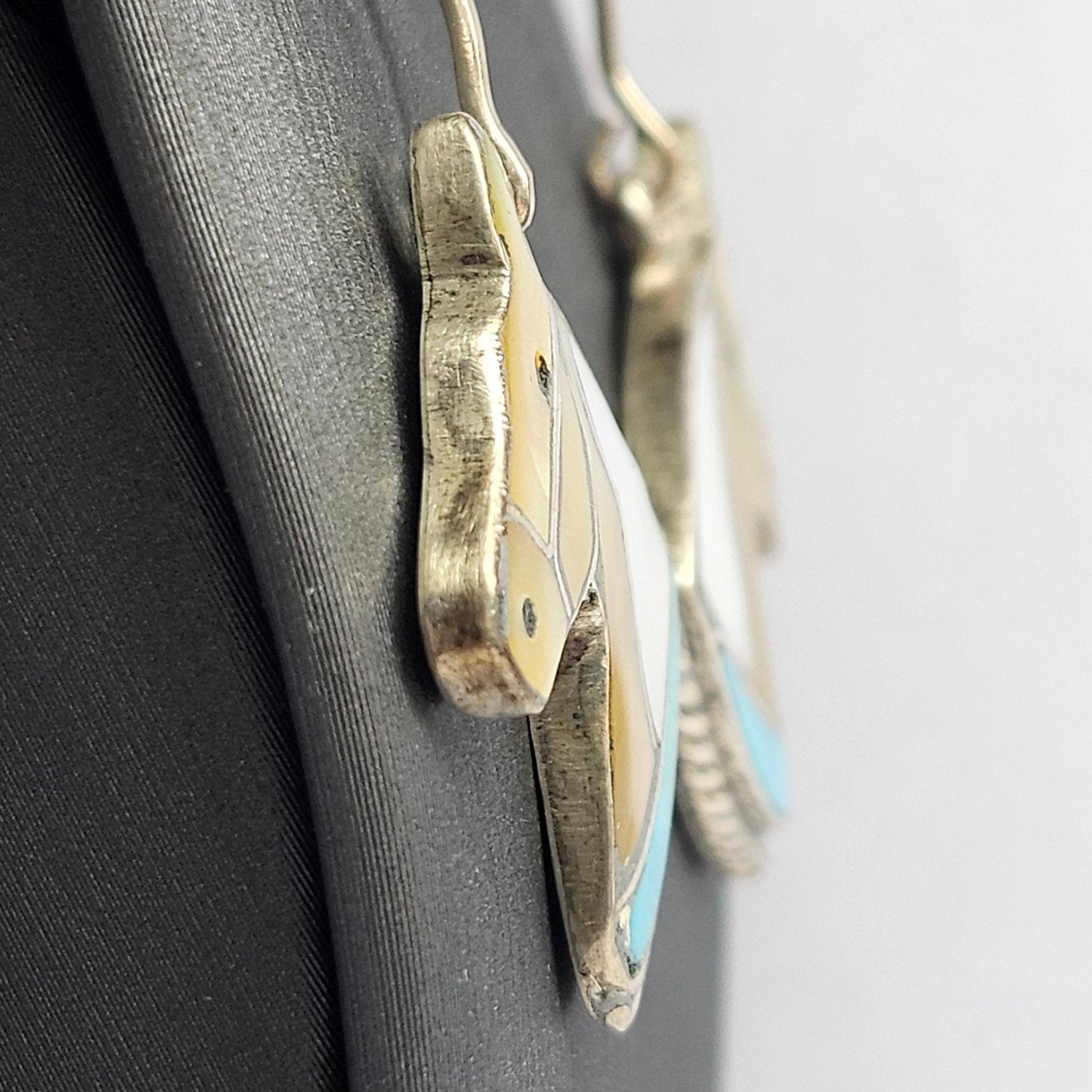 Zuni | Artist Juan Qualo | Horse Head Inlay Bolo Tip Earrings | Sterling Silver