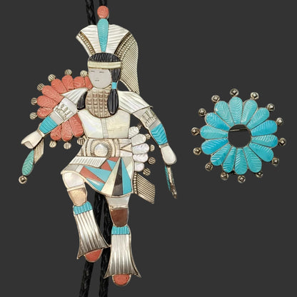 Zuni | Artist Edward Albert Beyuka | 1950's Dancer with Sun Shield Inlay Bolo Tie | Sterling Silver