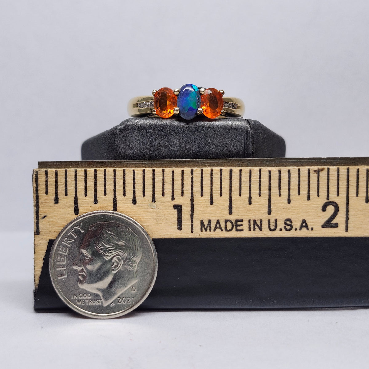Treya | Lightning Ridge Black Opal & Mexican Fire Opal Diamond Ring | 14kt Yellow Gold