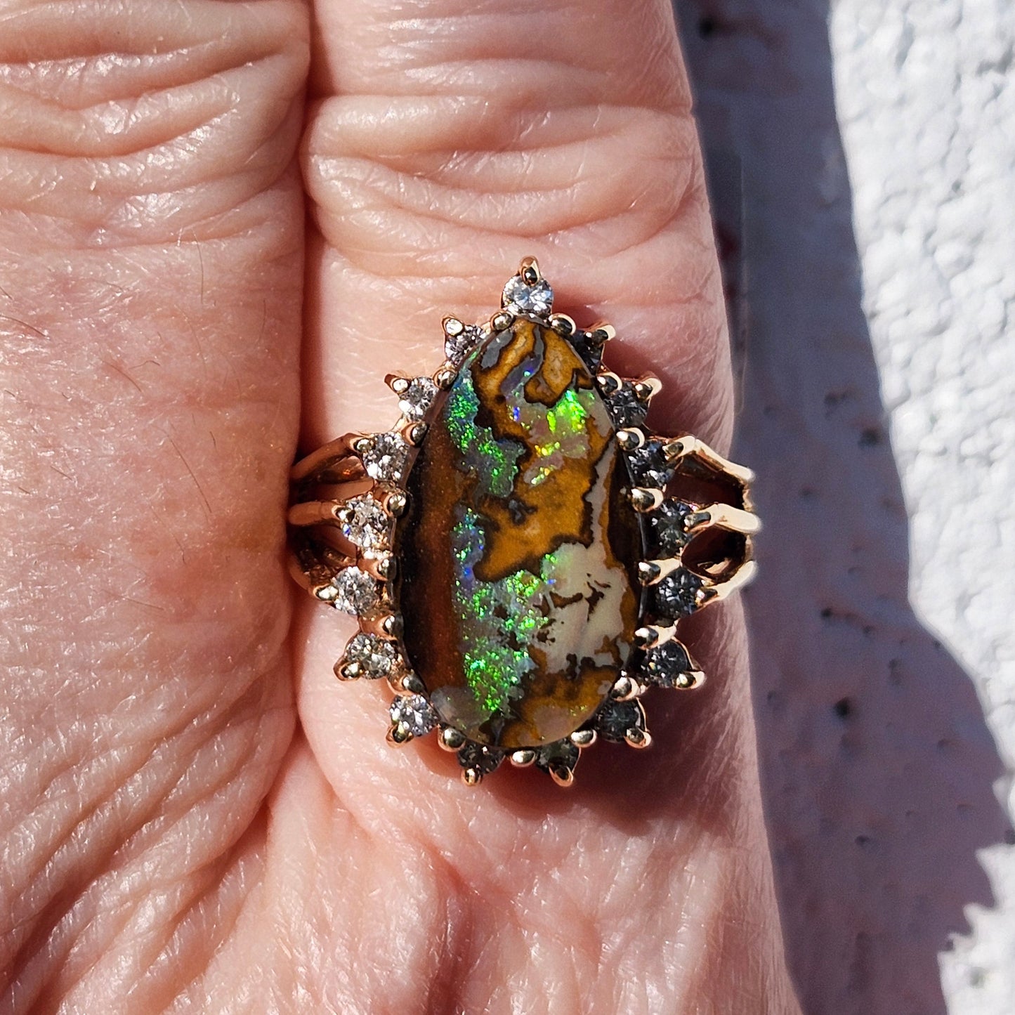 Clora | 10.89ct Koroit Boulder Opal and Diamond Ring | 14kt Yellow Gold