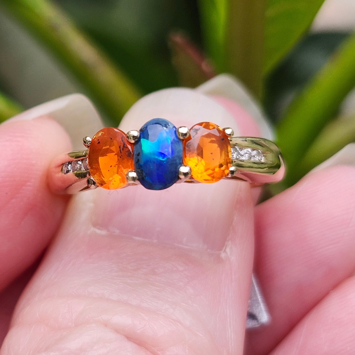 Treya | Lightning Ridge Black Opal & Mexican Fire Opal Diamond Ring | 14kt Yellow Gold