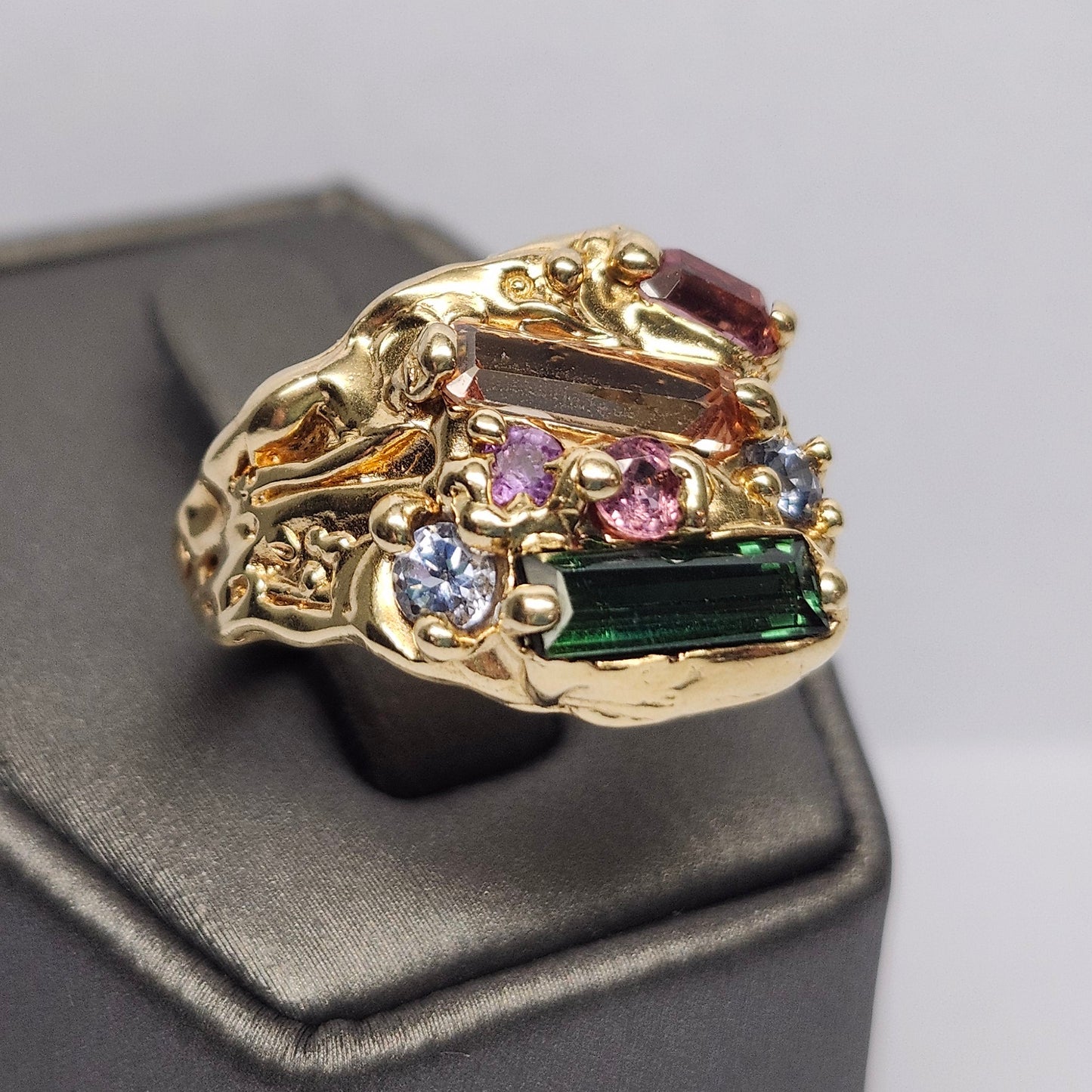Tourmaline Trio & Spinel Custom Ring | 14kt Yellow Gold