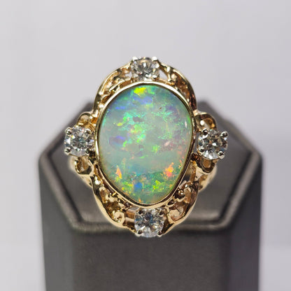 Claire | Coober Pedy Australian Crystal Opal & Diamond Ring | Estate | 14kt Yellow Gold