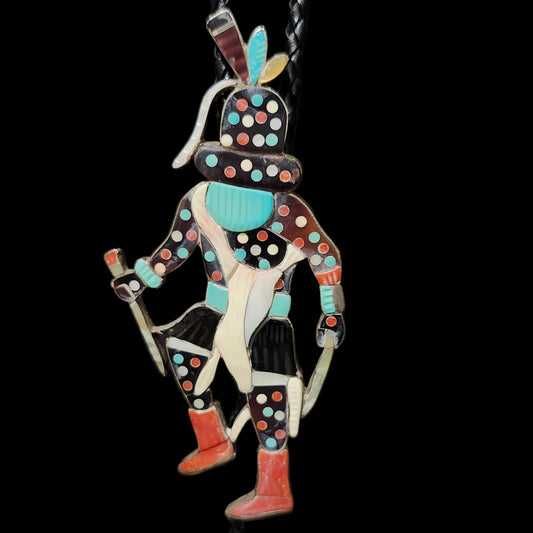 Zuni | Artist Edward Albert Beyuka | Kachina Inlay Bolo Tie | Vintage c.1950's | Sterling Silver
