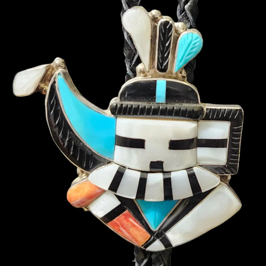 Zuni | Artist Eldred Martinez | Longhorn Kachina Inlay Bolo Tie | Sterling Silver