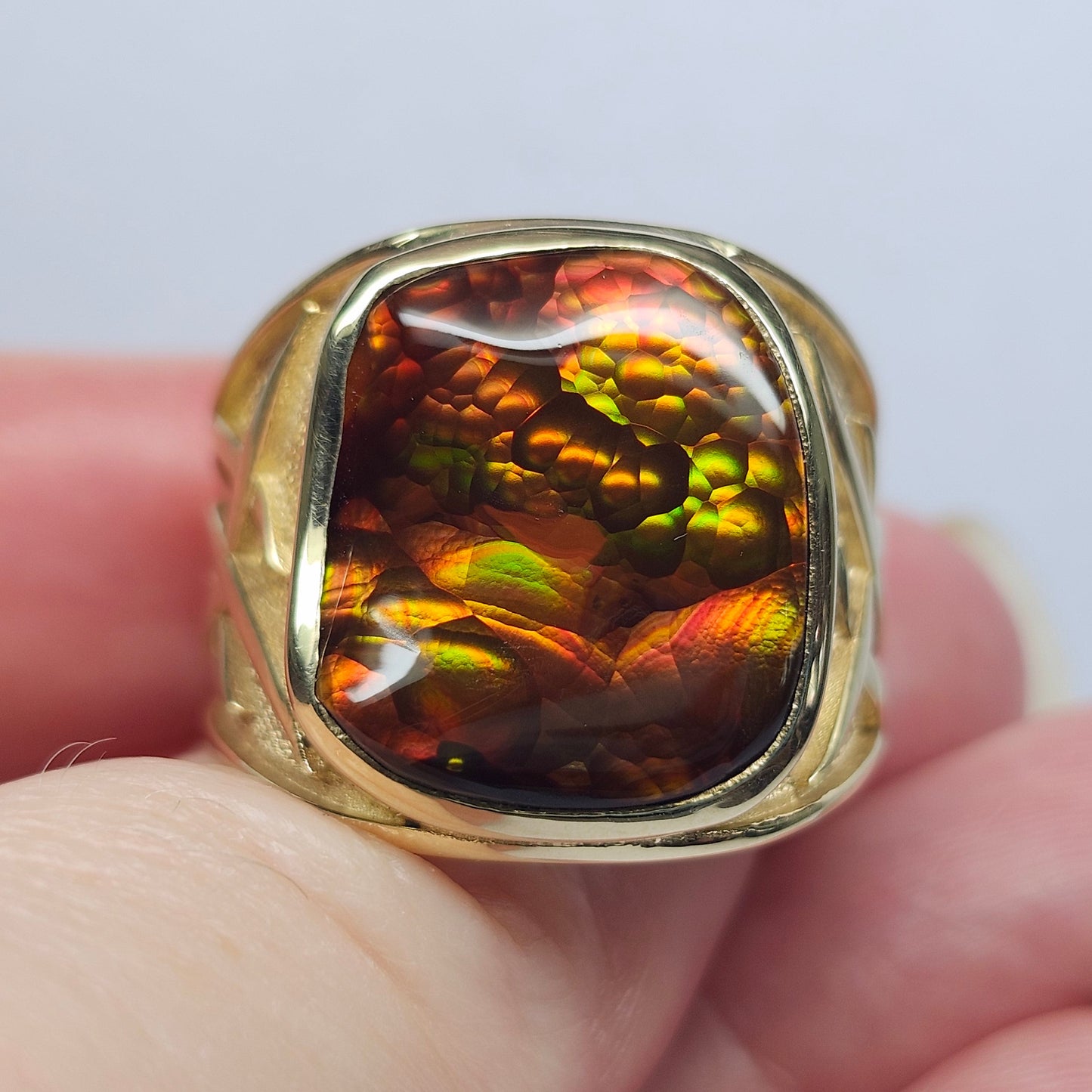 Igneas | Men's 21.49 Gram Custom Fire Agate Ring | 14kt Yellow Gold