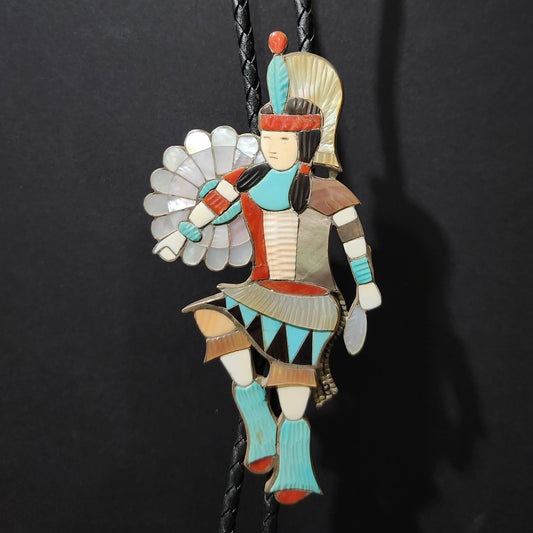 Zuni | Artist Eddie Beyuka | Sun Shield Dancer Inlay Bolo Tie | Sterling Silver