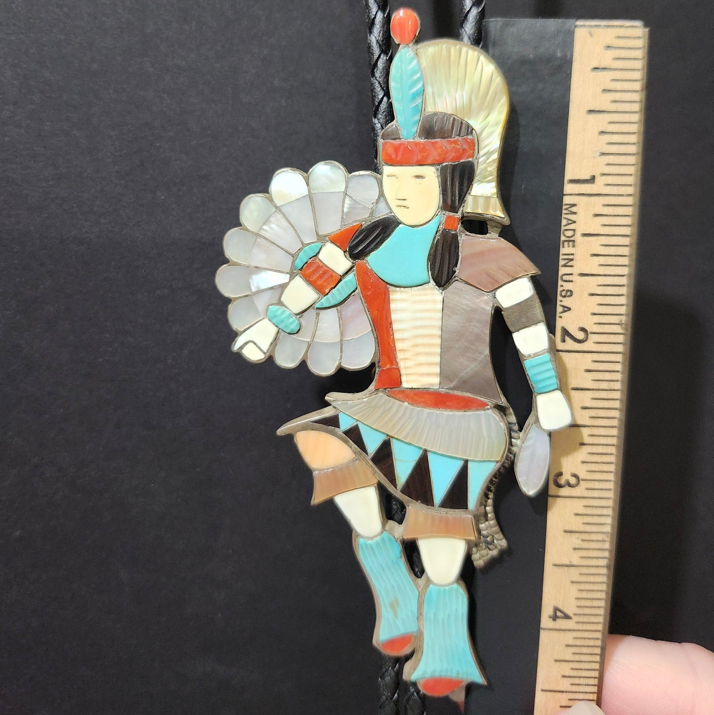 Zuni | Artist Eddie Beyuka | Sun Shield Dancer Inlay Bolo Tie | Sterling Silver