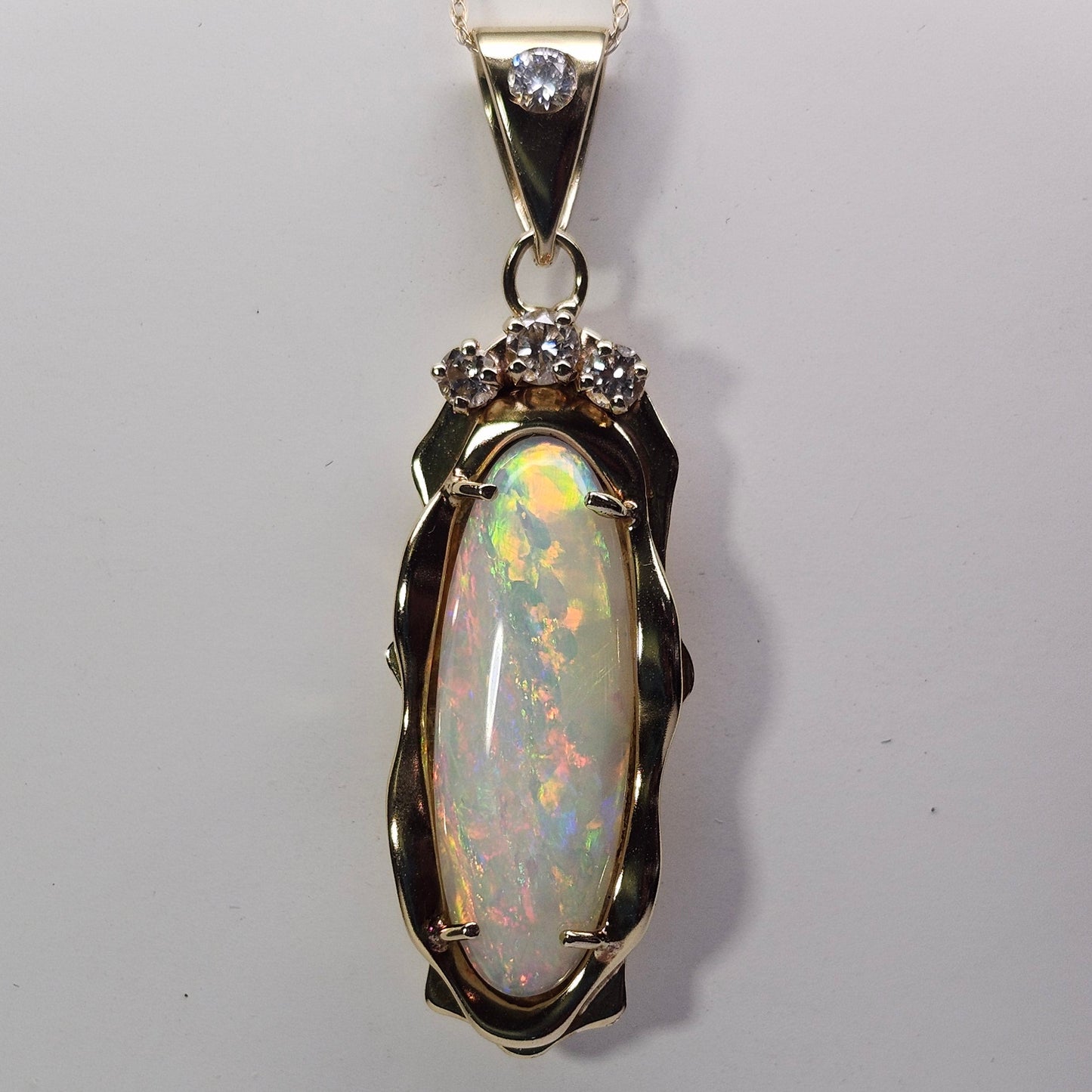 Florence | 6.86ct Coober Pedy Australian Crystal Opal and Diamond Pendant | Estate | 14kt Yellow Gold