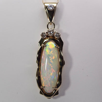 Florence | 6.86ct Coober Pedy Australian Crystal Opal and Diamond Pendant | Estate | 14kt Yellow Gold