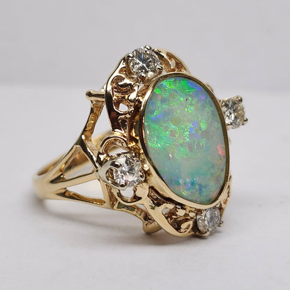 Claire | Coober Pedy Australian Crystal Opal & Diamond Ring | Estate | 14kt Yellow Gold