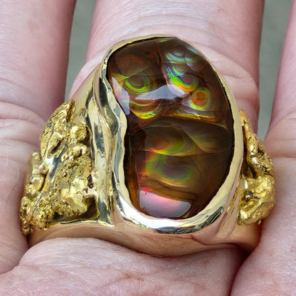 Rolling Fire | Men's 31.35 Gram Fire Agate and Gold Nugget Ring | 14kt