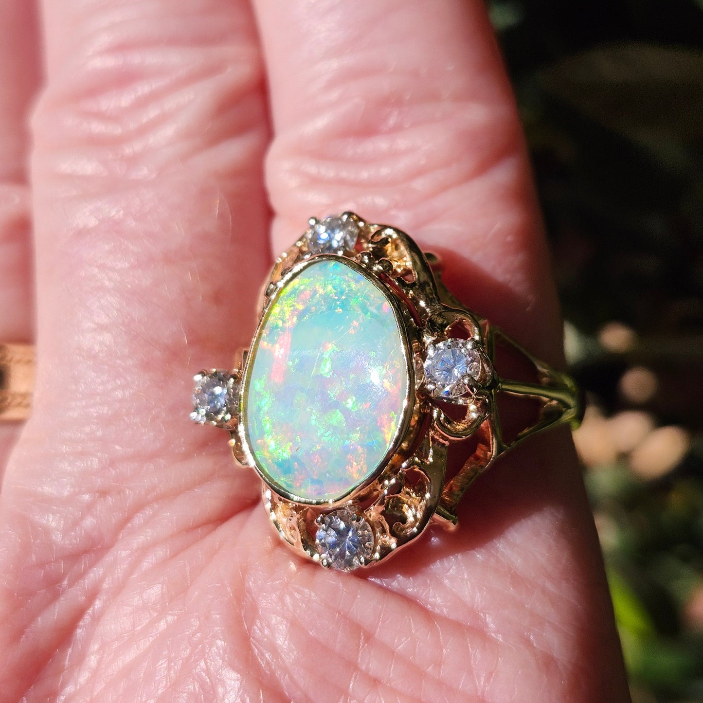 Claire | Coober Pedy Australian Crystal Opal & Diamond Ring | Estate | 14kt Yellow Gold