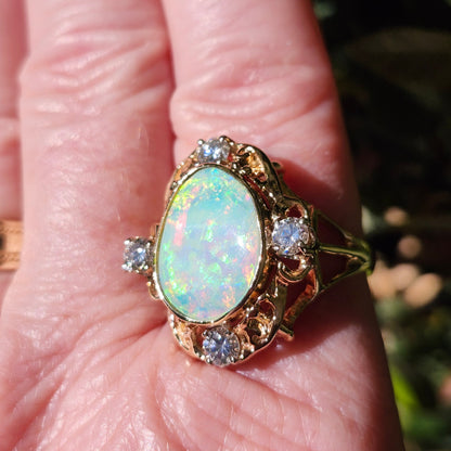 Claire | Coober Pedy Australian Crystal Opal & Diamond Ring | Estate | 14kt Yellow Gold