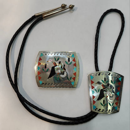 Zuni | Artist Sammy & Esther Guardian | Mallard Duck Inlay Bolo Tie & Belt Buckle Set | Sterling Silver