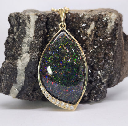 Galaxy | Honduras Black Opal and Diamond Pendant | 14kt Yellow Gold