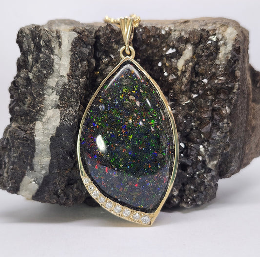 Galaxy | Honduras Black Opal and Diamond Pendant | 14kt Yellow Gold