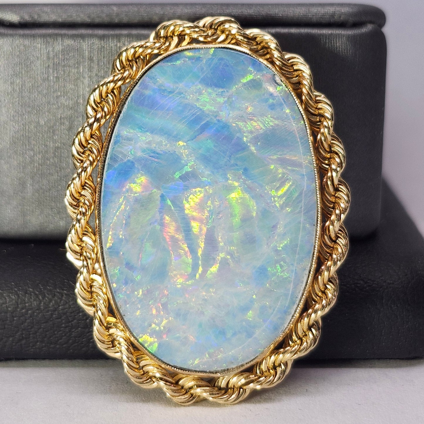 Rica | Lightning Ridge Australian Semi-Black Opal Doublet | Estate Pendant and Brooch/Pin | 14kt Yellow Gold