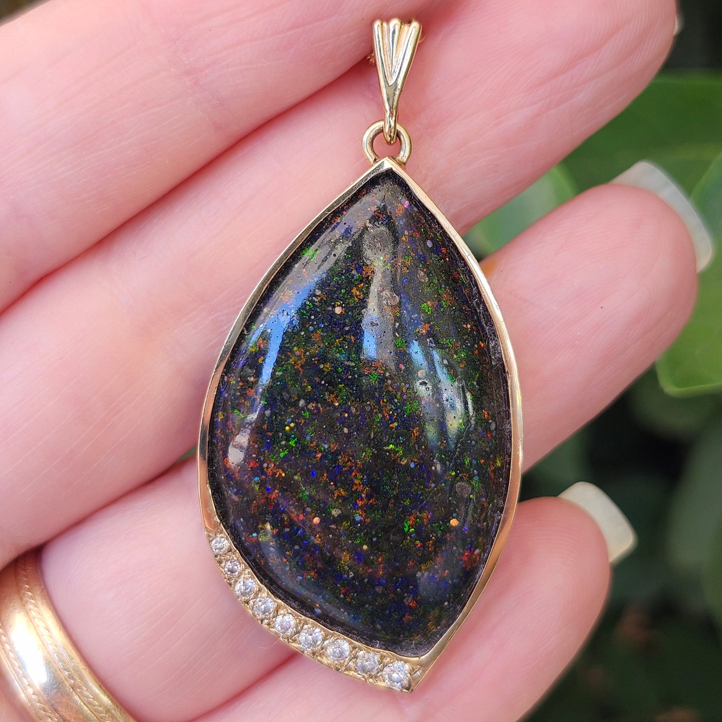 Galaxy | Honduras Black Opal and Diamond Pendant | 14kt Yellow Gold