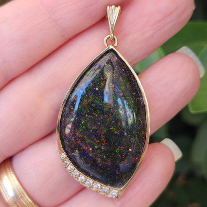 Galaxy | Honduras Black Opal and Diamond Pendant | 14kt Yellow Gold