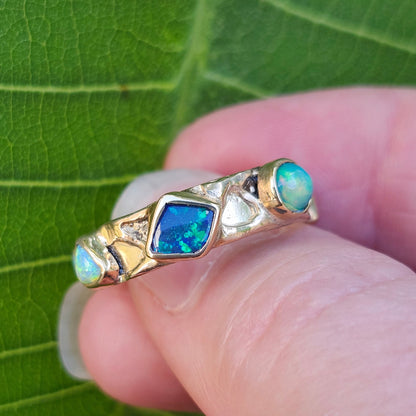 Quint | Australian Black and Semi-Black Opal Multi-Stone Band | Custom | 14kt Yellow Gold