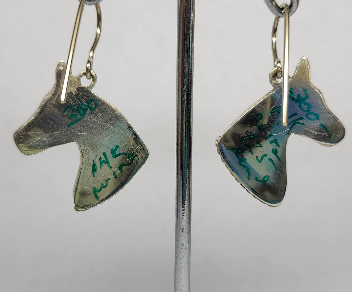 Zuni | Artist Juan Qualo | Horse Head Inlay Bolo Tip Earrings | Sterling Silver