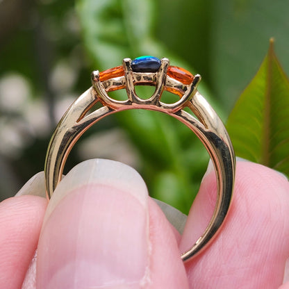 Treya | Lightning Ridge Black Opal & Mexican Fire Opal Diamond Ring | 14kt Yellow Gold