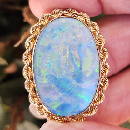 Rica | Lightning Ridge Australian Semi-Black Opal Doublet | Estate Pendant and Brooch/Pin | 14kt Yellow Gold