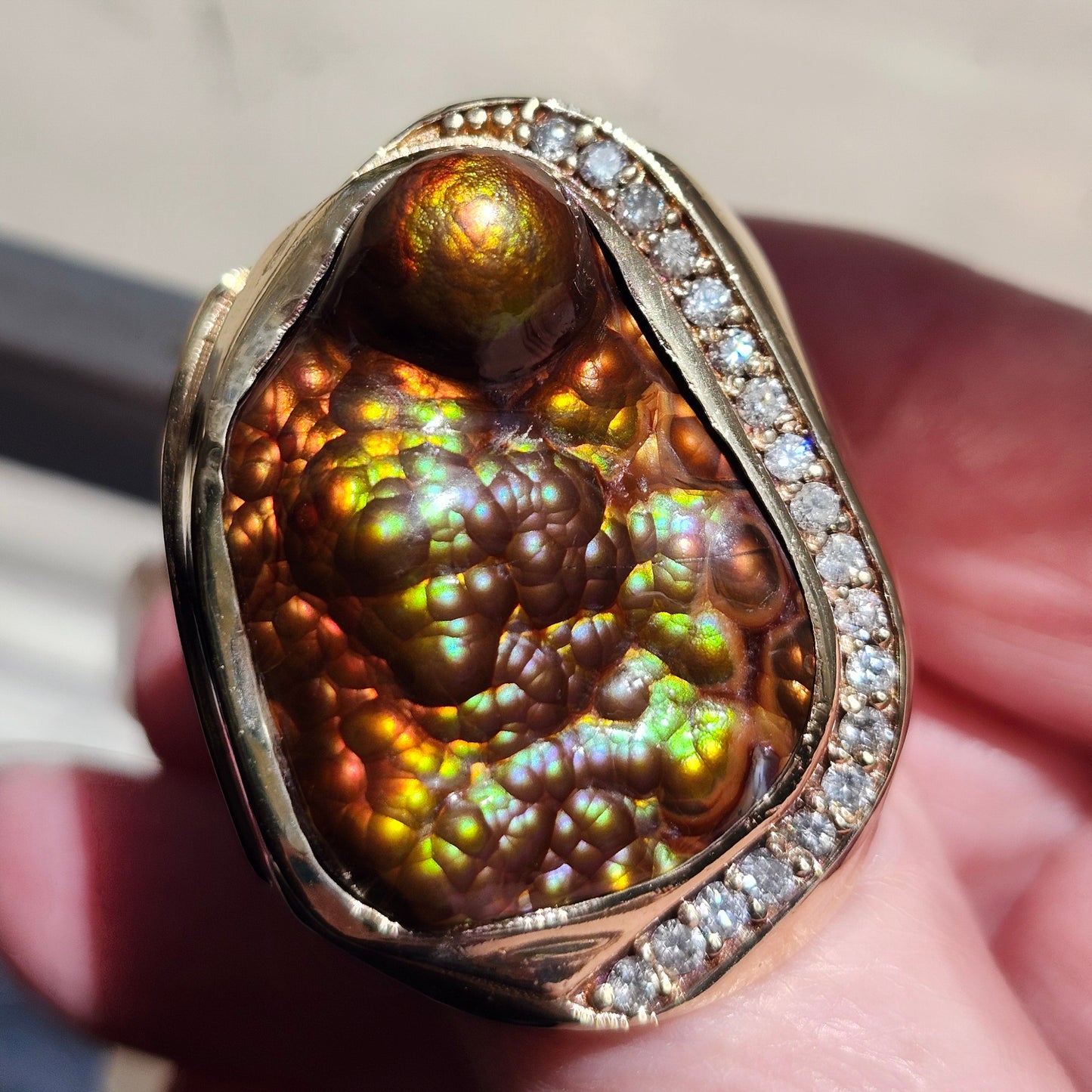 Legacy | 44.30 Gram Custom Fire Agate and Diamond Ring | 14kt Yellow Gold