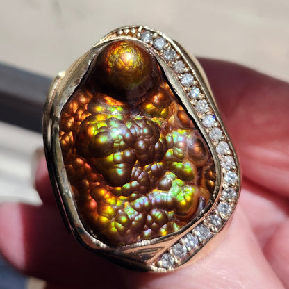 Legacy | 44.30 Gram Custom Fire Agate and Diamond Ring | 14kt Yellow Gold
