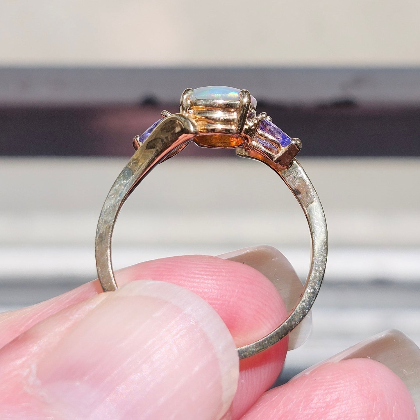 Roxa | Lightning Ridge Semi-Black Opal & Tanzanite Ring | 10kt Yellow Gold