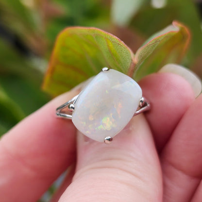 Kali | Ladies Australian White Crystal Opal Ring | Cushion Cut | 10kt White Gold