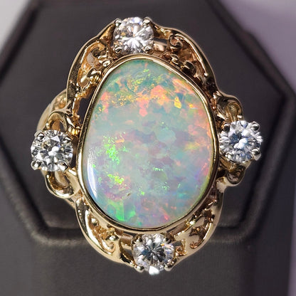 Claire | Coober Pedy Australian Crystal Opal & Diamond Ring | Estate | 14kt Yellow Gold