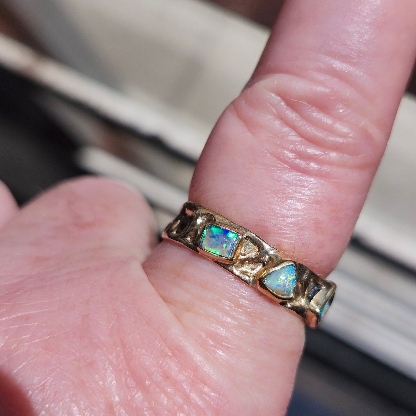 Quint | Australian Black and Semi-Black Opal Multi-Stone Band | Custom | 14kt Yellow Gold