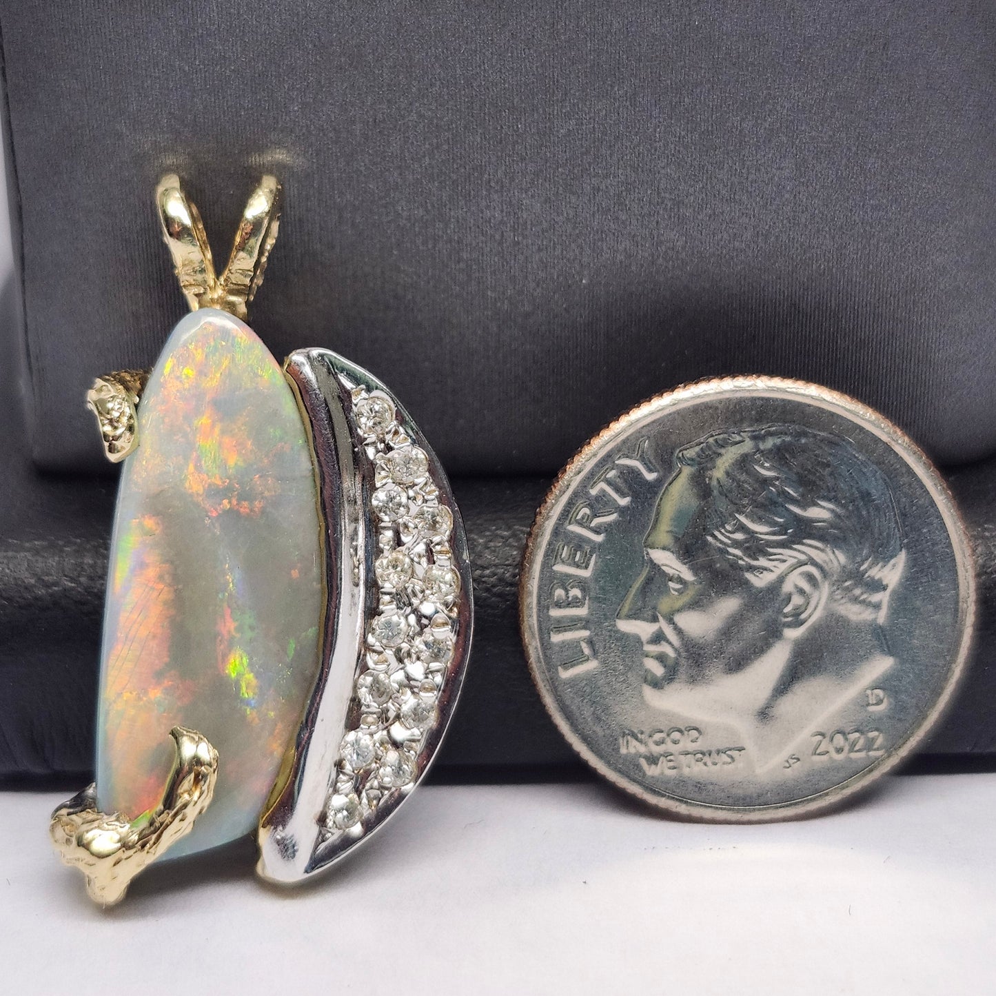 Luna | Lightning Ridge Semi-Black Opal and Diamond Pendant | Two Tone Custom Made | 14kt
