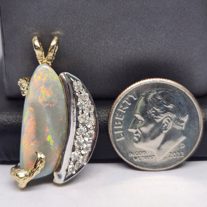 Luna | Lightning Ridge Semi-Black Opal and Diamond Pendant | Two Tone Custom Made | 14kt