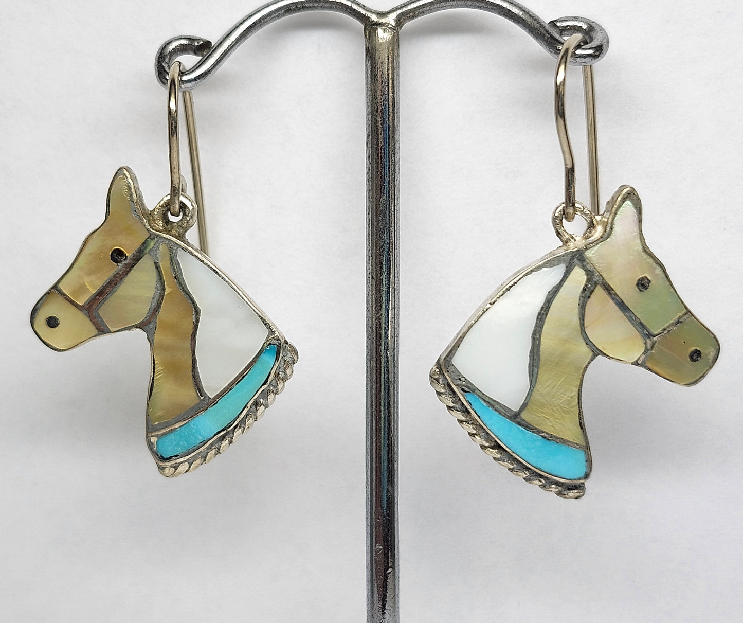 Zuni | Artist Juan Qualo | Horse Head Inlay Bolo Tip Earrings | Sterling Silver