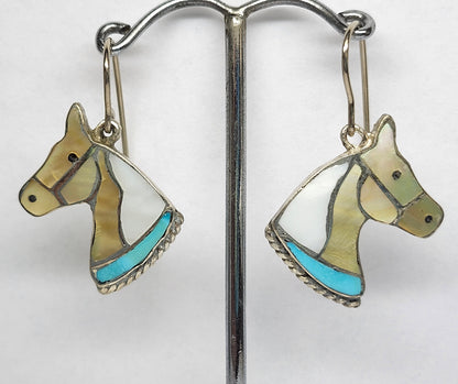 Zuni | Artist Juan Qualo | Horse Head Inlay Bolo Tip Earrings | Sterling Silver