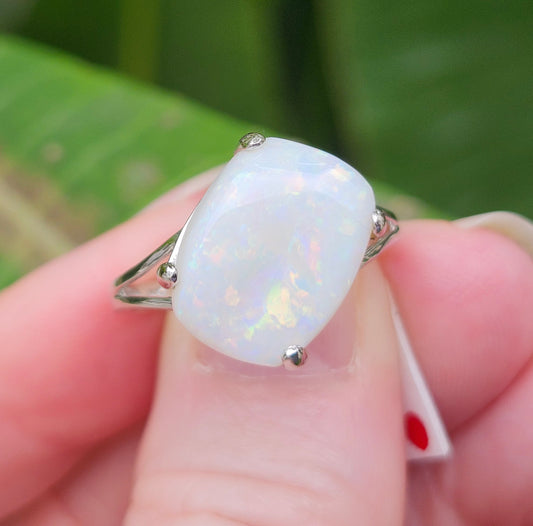 Kali | Ladies Australian White Crystal Opal Ring | Cushion Cut | 10kt White Gold